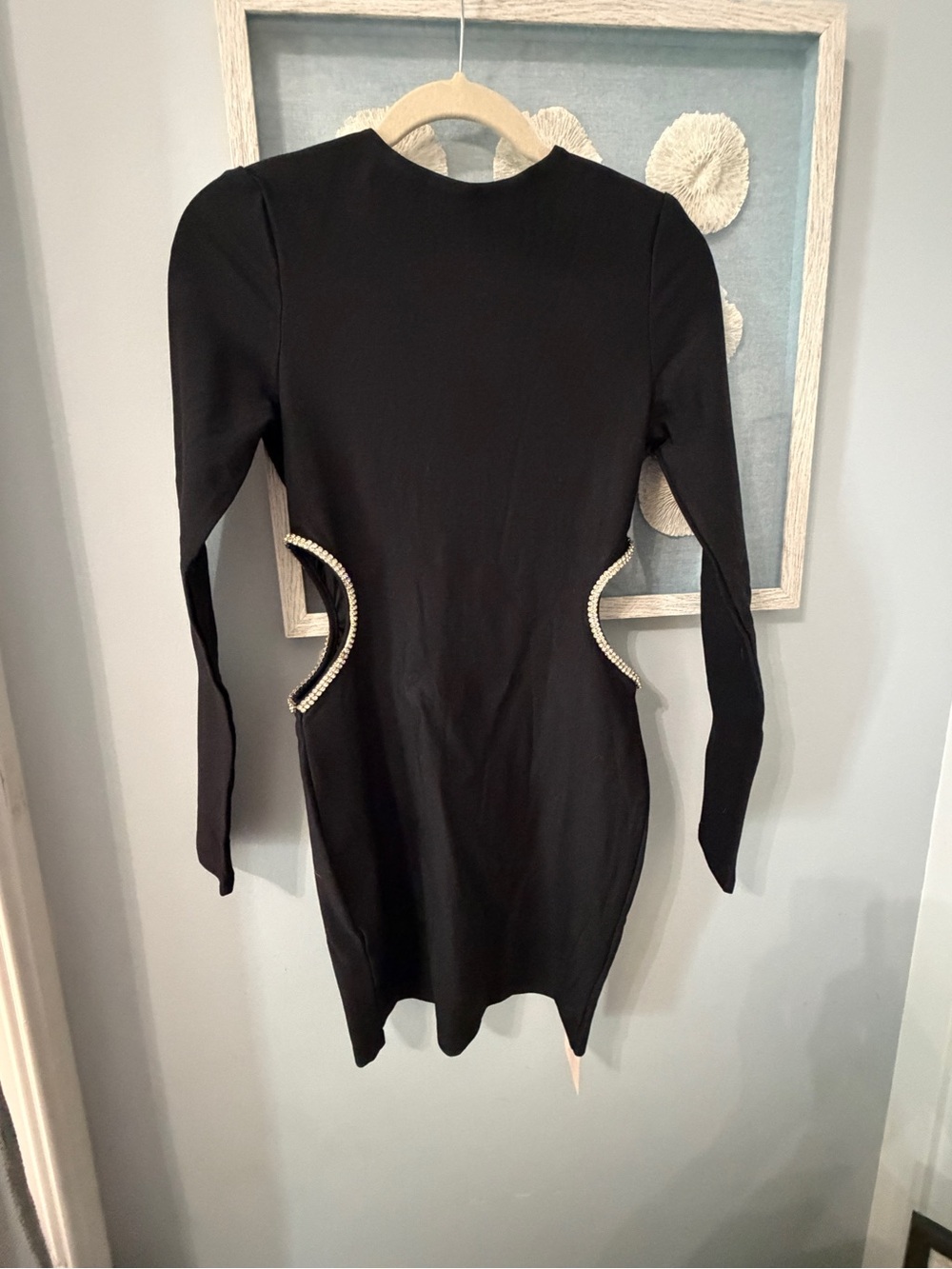 Black Long-Sleeve Cutout Dress with Pearl Trim